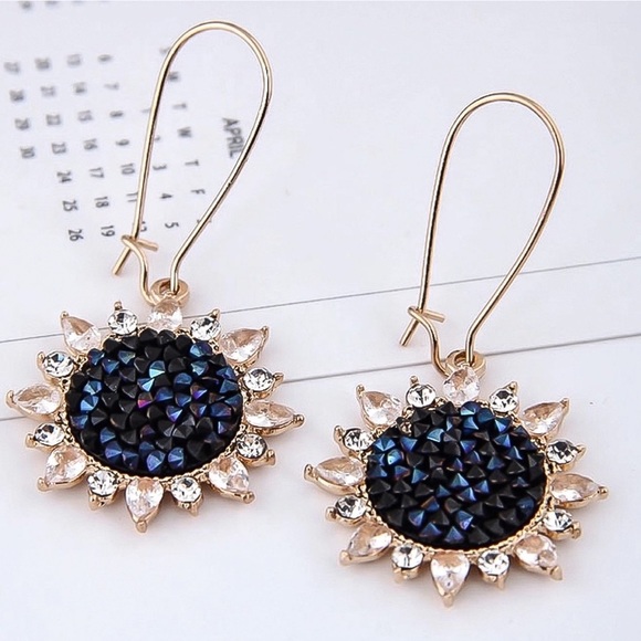 Blue Crushed Gem Sunflower Ear Wire Earrings - Picture 6 of 8